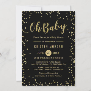 Oh Baby Shower Trendy Black Gold Glitter Dots Invitation