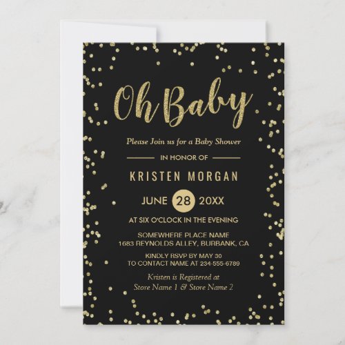 Oh Baby Shower Trendy Black Gold Glitter Dots Card
