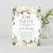 Oh Baby Shower Typography Floral Greenery White Invitation (Standing Front)