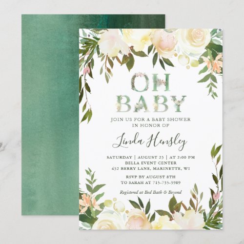 Oh Baby Shower Typography Floral Greenery White Card