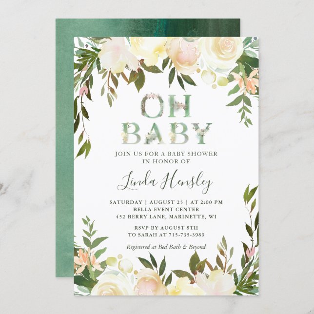 Oh Baby Shower Typography Floral Greenery White Invitation (Front/Back)