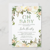 Oh Baby Shower Typography Floral Greenery White Invitation (Front)