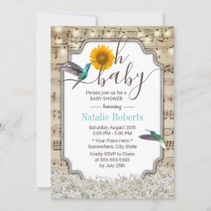 Oh Baby Shower Vintage Sunflower Hummingbird Music Invitation