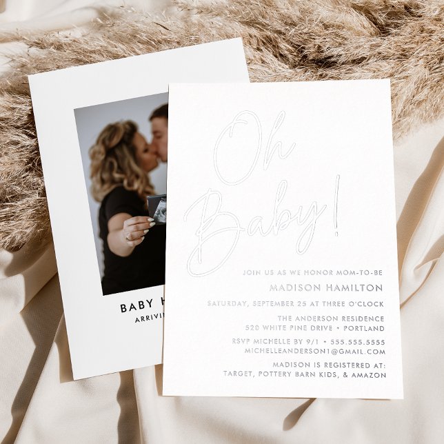 Oh Baby Silver Script Photo Baby Shower Foil Invitation (Creator Uploaded)