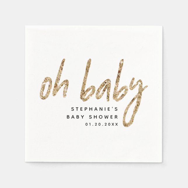 Oh Baby Simple Baby Shower Gold Glitter Napkins (Front)