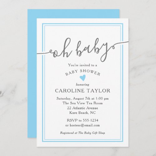 Oh Baby Simple Blue Heart Boy Baby Shower Invitation