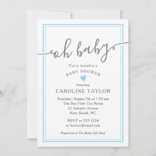 Oh Baby Simple Blue Heart Boy Baby Shower Invitation | Zazzle