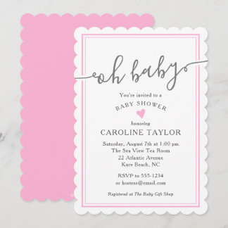 Oh Baby Simple Pink Heart Girl Baby Shower Invitation