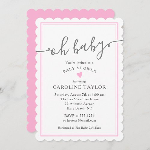Oh Baby Simple Pink Heart Girl Baby Shower Invitation