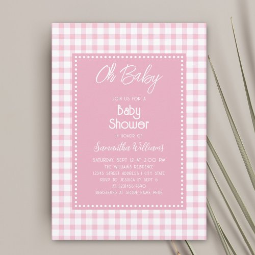 Oh Baby Simple Retro Pink Gingham Girl Baby Shower Invitation