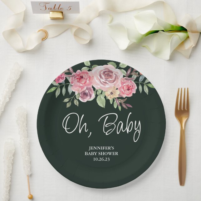 Oh Baby Simple Rose Radiant Green Baby Shower Paper Plates (Wedding)