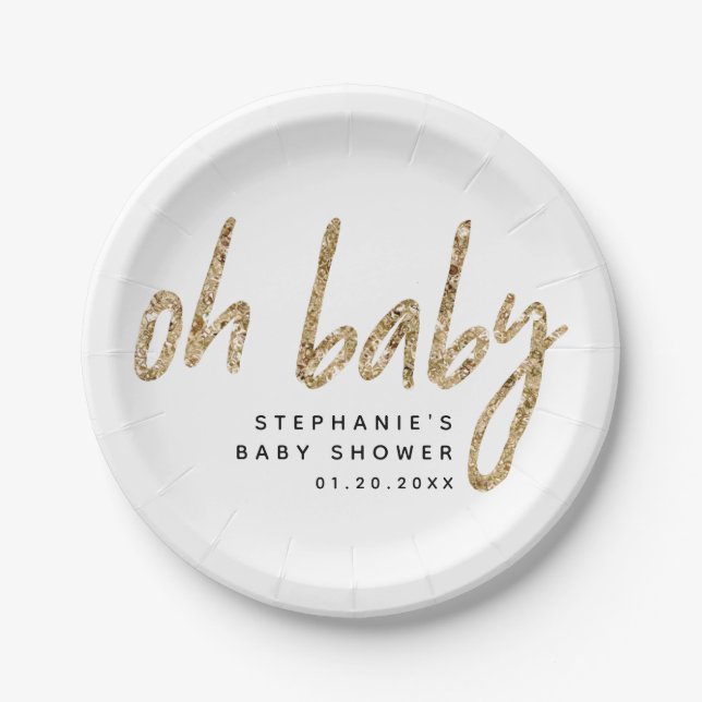 Oh Baby Simply Elegant Gold Glam Baby Shower Paper Plates (Front)