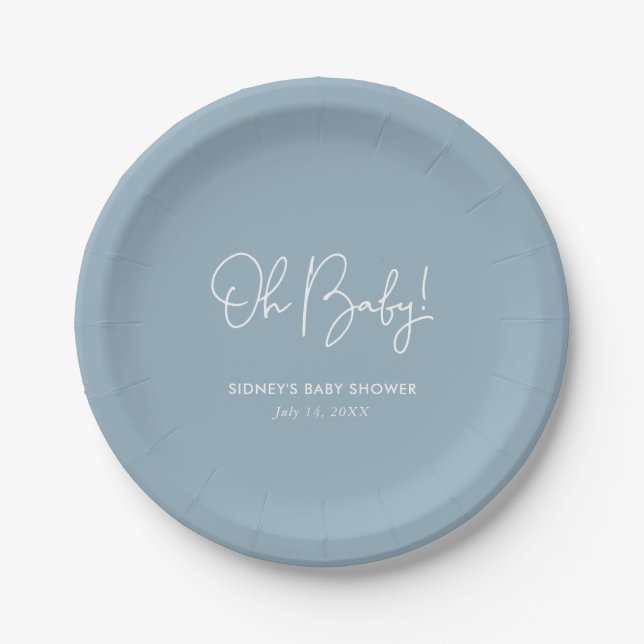 Oh Baby Sky Blue Personalized Baby Shower Paper Plates (Front)
