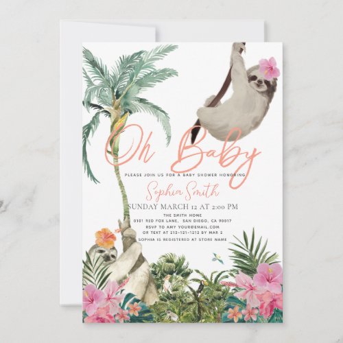 Oh Baby Sloth Floral Jungle Girl Baby Shower Invitation