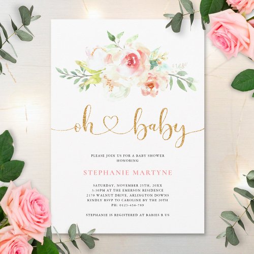 Oh Baby Soft Pink Watercolor Blooms Baby Shower Invitation