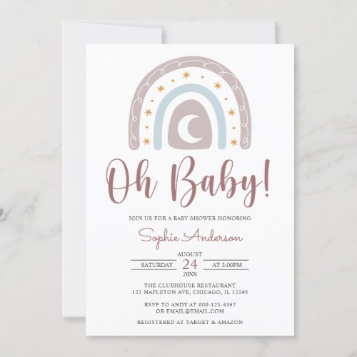 Oh baby Star and Moon Boho Rainbow Baby Shower Inv Invitation