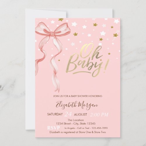 Oh Baby Stars Pink Bow Baby Shower Invitation