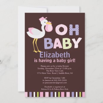 Oh Baby Stork Girl Baby Shower Invitations by celebrateitinvites at Zazzle