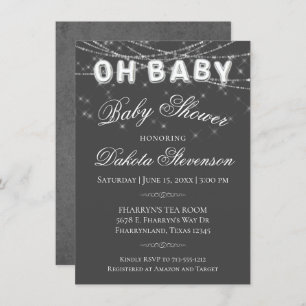 Oh Baby String Light Dark Gray Balloon Shower Invitation