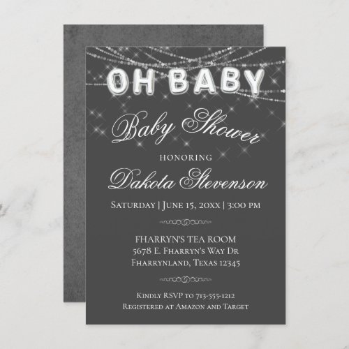 Oh Baby String Light  Dark Gray Balloon Shower Invitation