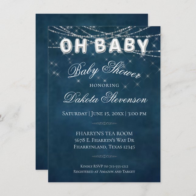 Oh Baby String Light | Dark Navy Blue Baby Balloon Invitation (Front/Back)