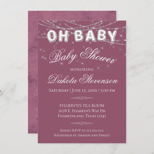 Oh Baby String Light | Millennial Pink Balloon Invitation (Front/Back)