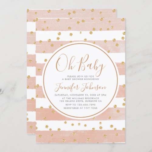 Oh Baby Stripe Gold Glitter Polka Dots Baby Shower Invitation