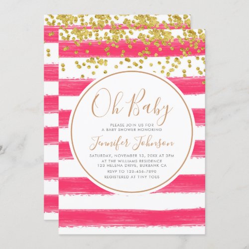 Oh Baby Stripe Gold Glitter Polka Dots Baby Shower Invitation