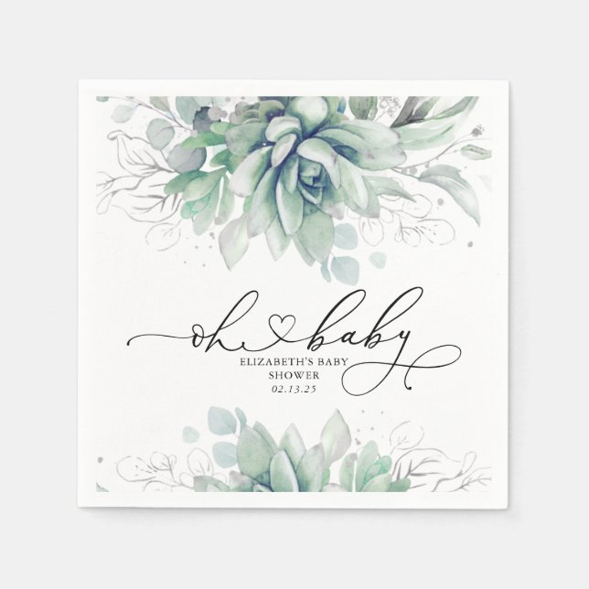 Oh Baby Succulents Silver Greenery Baby Shower Napkins (Front)