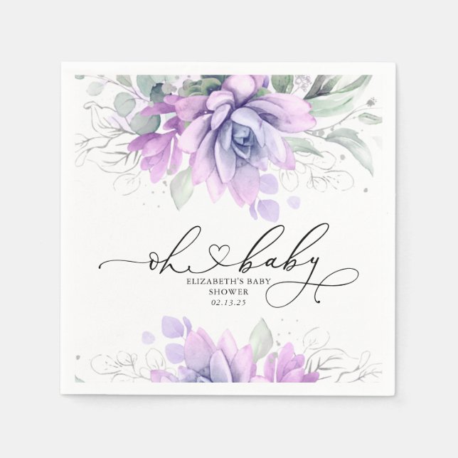 Oh Baby Succulents Silver Greenery Baby Shower Napkins (Front)