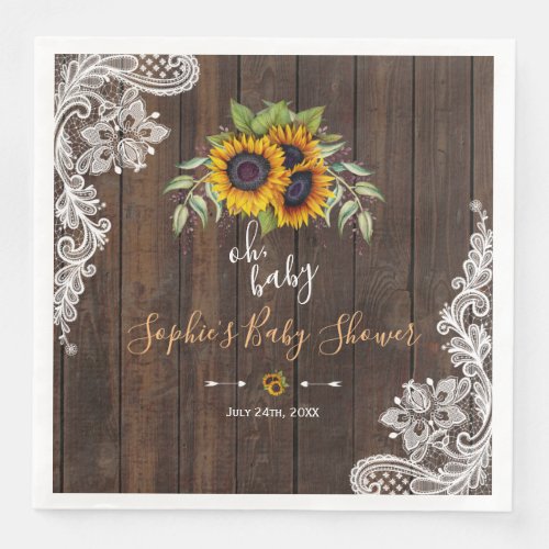 Oh BABY Sunflowers Bouquet Wood Lace BABY SHOWER Paper Dinner Napkins