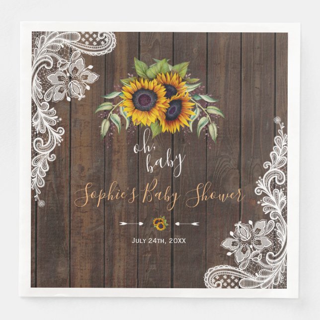 Oh BABY Sunflowers Bouquet Wood Lace BABY SHOWER Paper Dinner Napkins (Front)