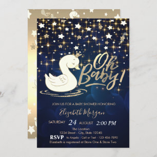 Oh Baby Swan Crown Gold Stars Baby Shower Invitation