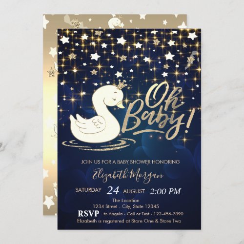 Oh Baby Swan Crown Gold Stars Baby Shower  Invitation