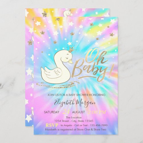 Oh Baby Swan Crown Stars Tie Dye Baby Shower  Invitation