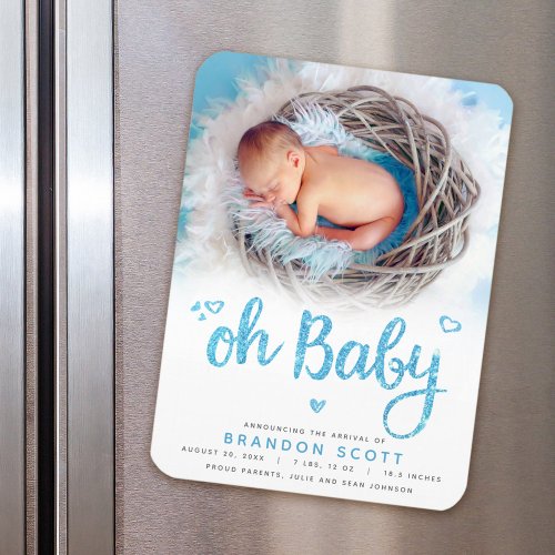 Oh Baby Sweet Bold Modern Blue Boy Birth Photo Magnet