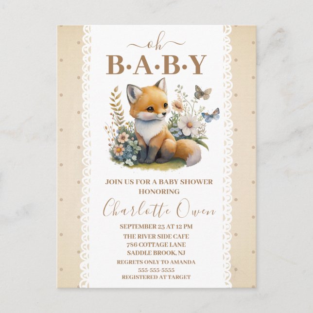 Oh Baby Sweet Foxy Baby Shower Invitation Postcard (Front)