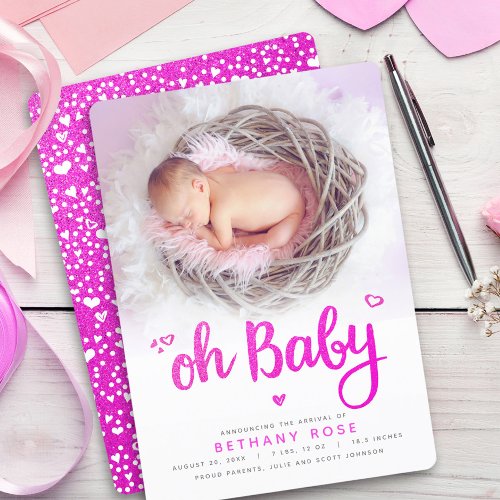 Oh Baby Sweet Girl Photo Pink Hearts Script Birth Announcement