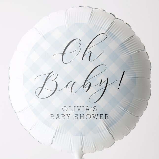 Oh Baby! Sweet Light Blue Gingham Baby Shower Balloon (Front)