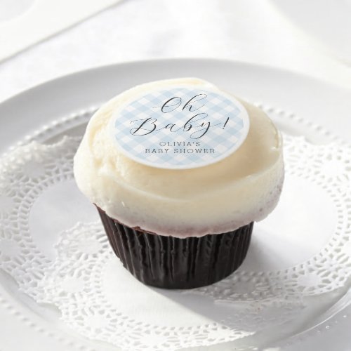 Oh Baby Sweet Light Blue Gingham Baby Shower Edible Frosting Rounds