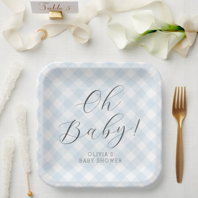 Oh Baby! Sweet Light Blue Gingham Baby Shower Paper Plates (Wedding)