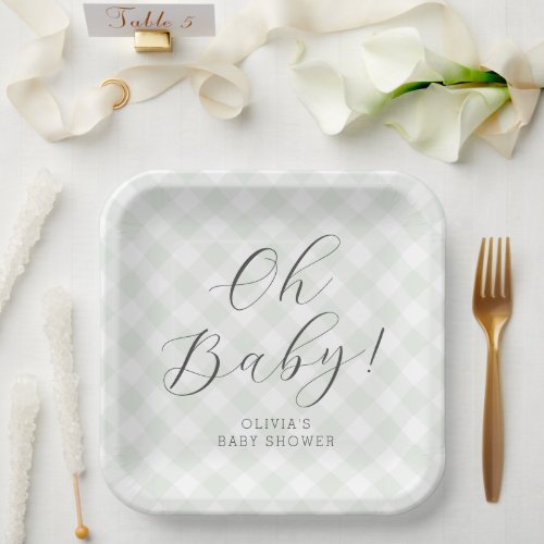 Oh Baby Sweet Light Green Gingham Baby Shower Paper Plates
