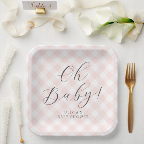 Oh Baby Sweet Light Pink Gingham Baby Shower Paper Plates