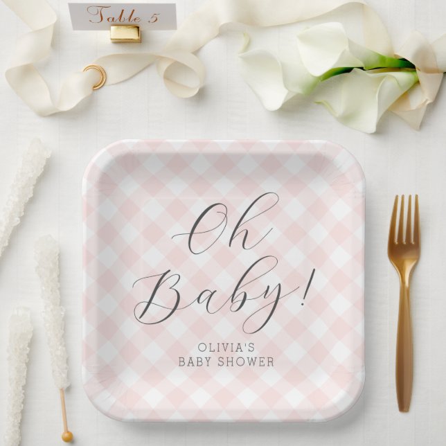 Oh Baby! Sweet Light Pink Gingham Baby Shower Paper Plates (Wedding)