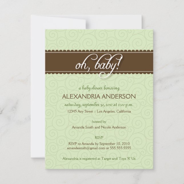 Oh, Baby! Swirly Baby Shower Invitation (sage) (Front)