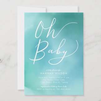 Oh Baby Teal Blue Ombre Watercolor Baby Shower Invitation