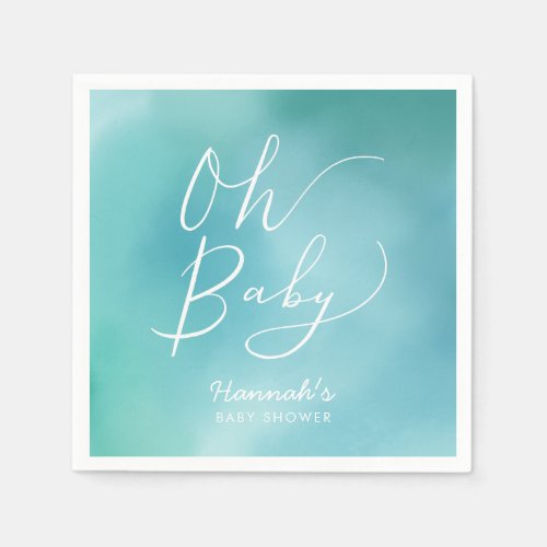 Oh Baby Teal Blue Typography Script Baby Shower Napkins