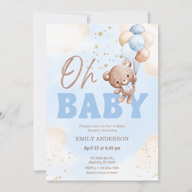 Oh Baby Teddy Bear Balloons Boy Baby Shower  Invitation (Front)