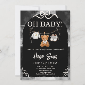 Oh Baby Teddy Bear Black And White Baby Shower Invitation