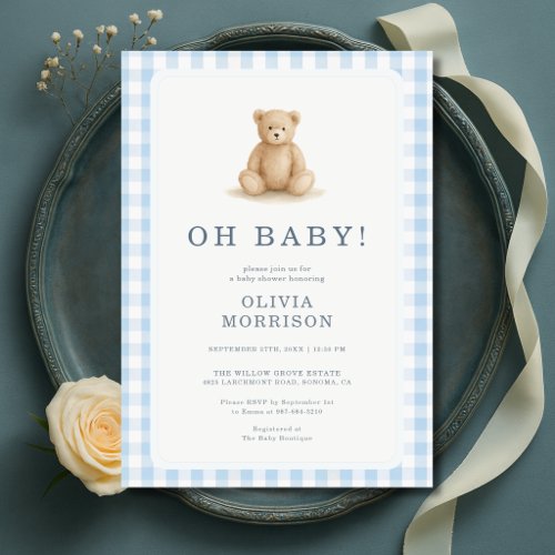 Oh Baby Teddy Bear Gingham Baby Shower Invitation